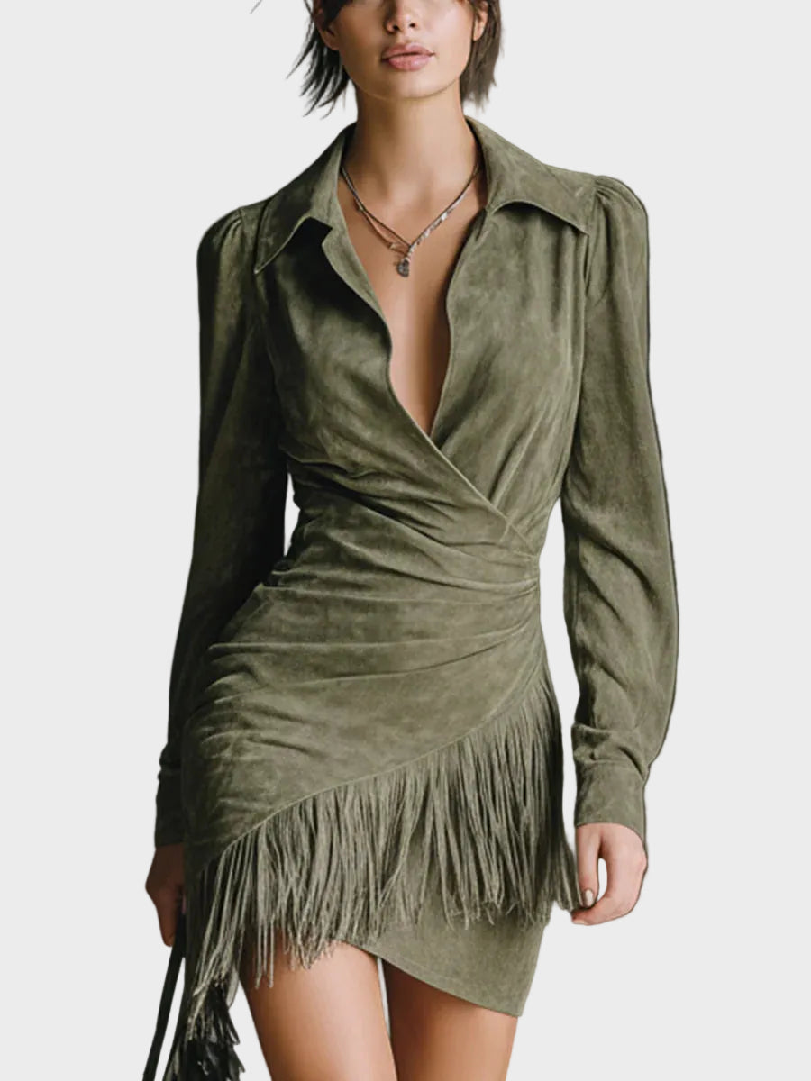 Green Viscose V-Neck Short Dress