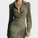 Green Viscose V-Neck Short Dress