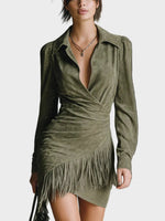 Green Viscose V-Neck Short Dress