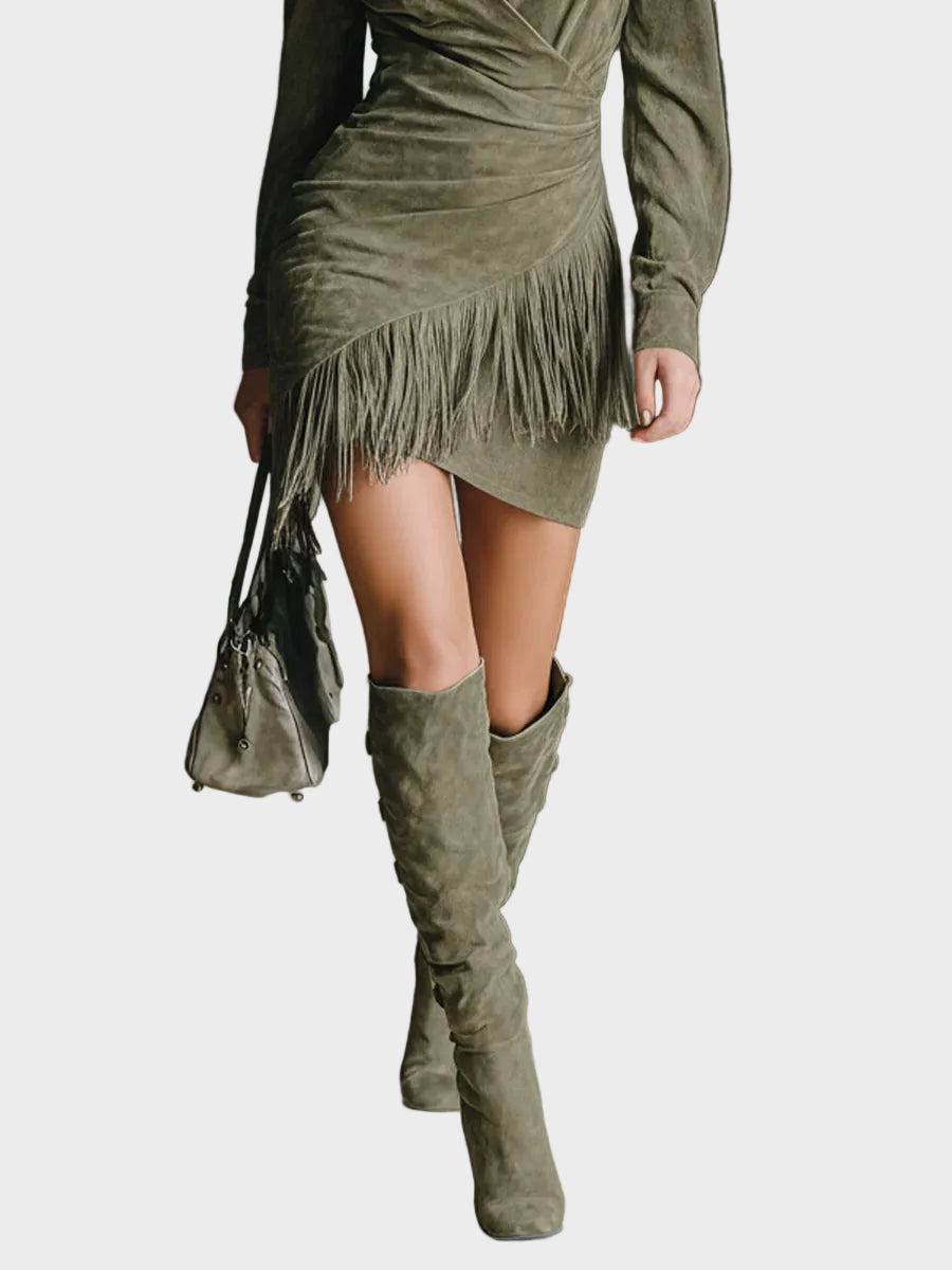 Green Viscose V-Neck Short Dress