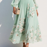 Leah | Light Green Chiffon Midi Dress with Floral Pleats