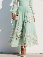 Leah | Light Green Chiffon Midi Dress with Floral Pleats