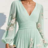 Leah | Light Green Chiffon Midi Dress with Floral Pleats