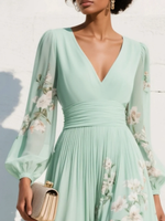 Leah | Light Green Chiffon Midi Dress with Floral Pleats