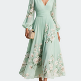 Leah | Light Green Chiffon Midi Dress with Floral Pleats