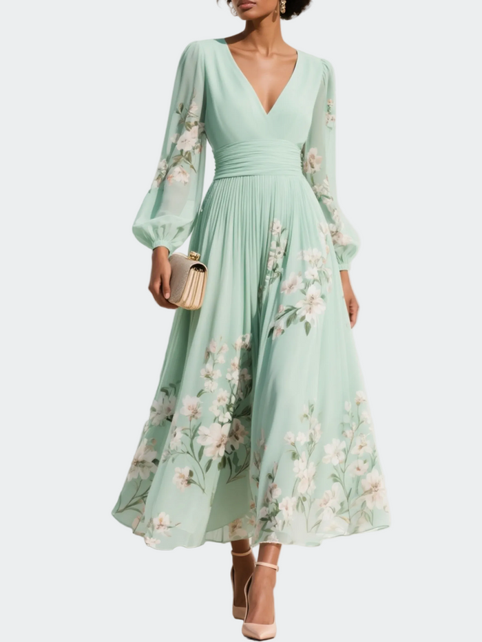 Leah | Light Green Chiffon Midi Dress with Floral Pleats