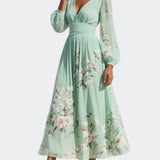 Leah | Light Green Chiffon Midi Dress with Floral Pleats
