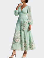 Leah | Light Green Chiffon Midi Dress with Floral Pleats