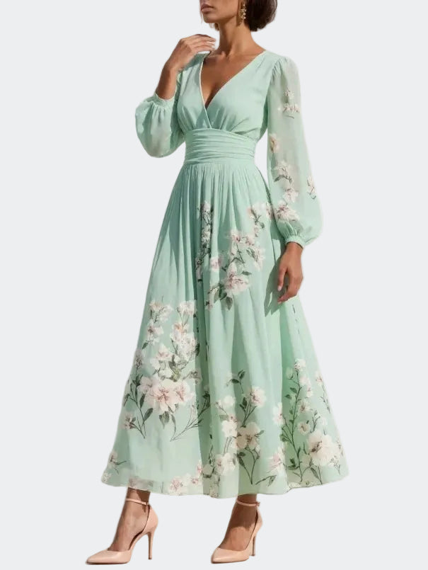 Leah | Light Green Chiffon Midi Dress with Floral Pleats