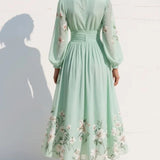 Leah | Light Green Chiffon Midi Dress with Floral Pleats