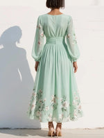 Leah | Light Green Chiffon Midi Dress with Floral Pleats