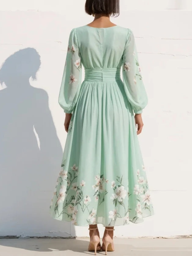 Leah | Light Green Chiffon Midi Dress with Floral Pleats