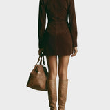 Brown Suede Short Dress with High Neck and Zip