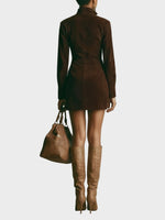 Brown Suede Short Dress with High Neck and Zip