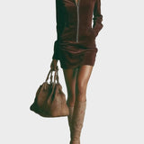 Brown Suede Short Dress with High Neck and Zip