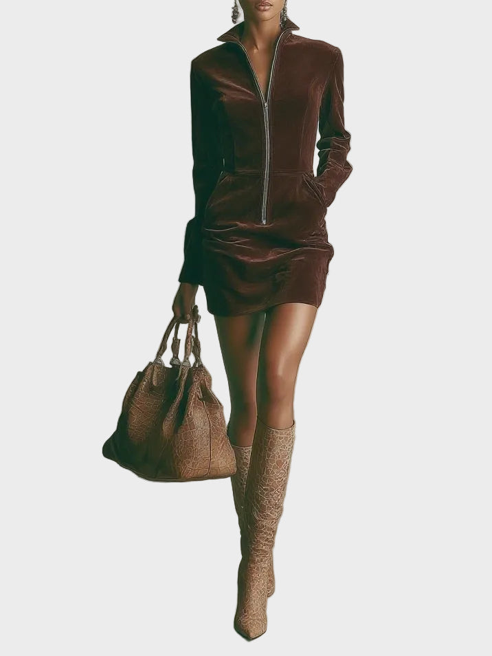 Brown Suede Short Dress with High Neck and Zip Dark Brown, photo studio