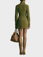 Brown Suede Short Dress with High Neck and Zip