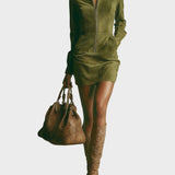 Brown Suede Short Dress with High Neck and Zip