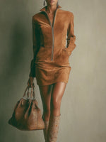 Brown Suede Short Dress with High Neck and Zip