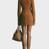 Brown Suede Short Dress with High Neck and Zip