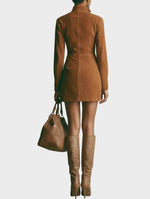 Brown Suede Short Dress with High Neck and Zip