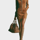 Brown Suede Short Dress with High Neck and Zip