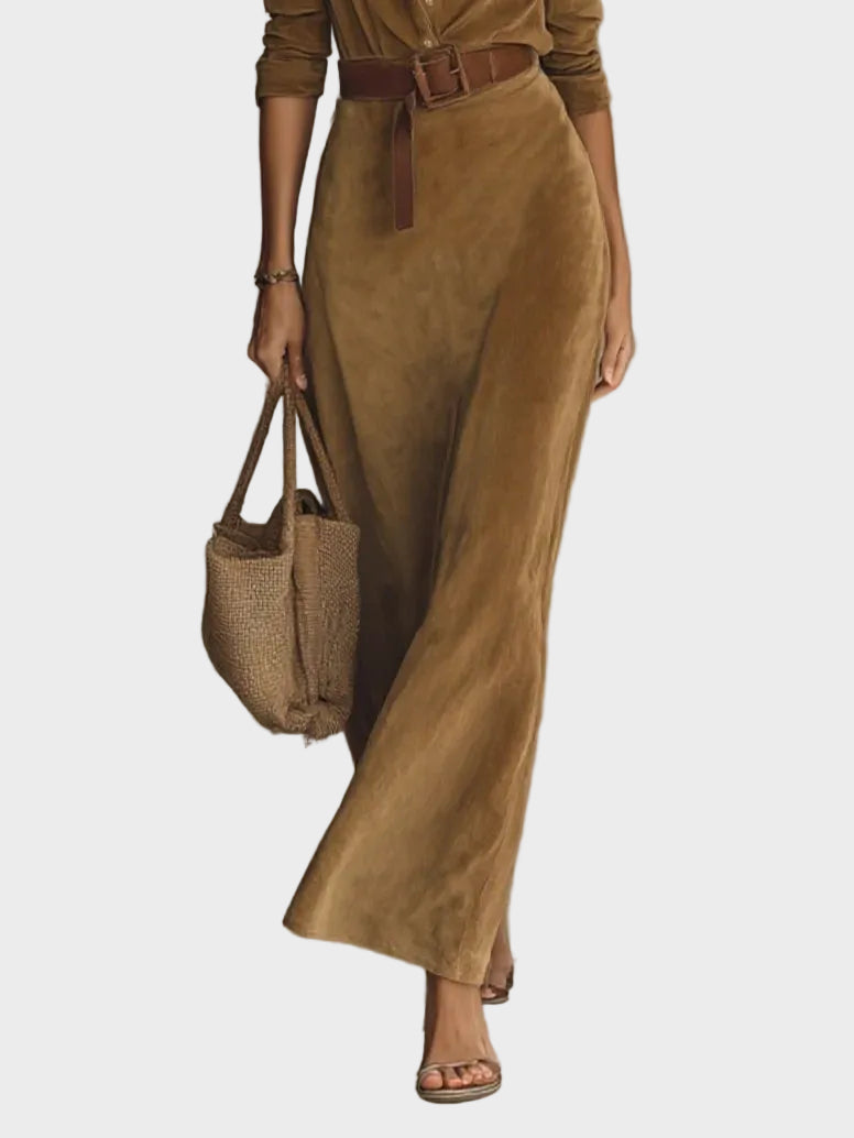 Suede Maxi Dress with Single Closure and Collar