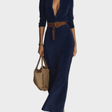 Suede Maxi Dress with Single Closure and Collar