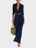 Suede Maxi Dress with Single Closure and Collar