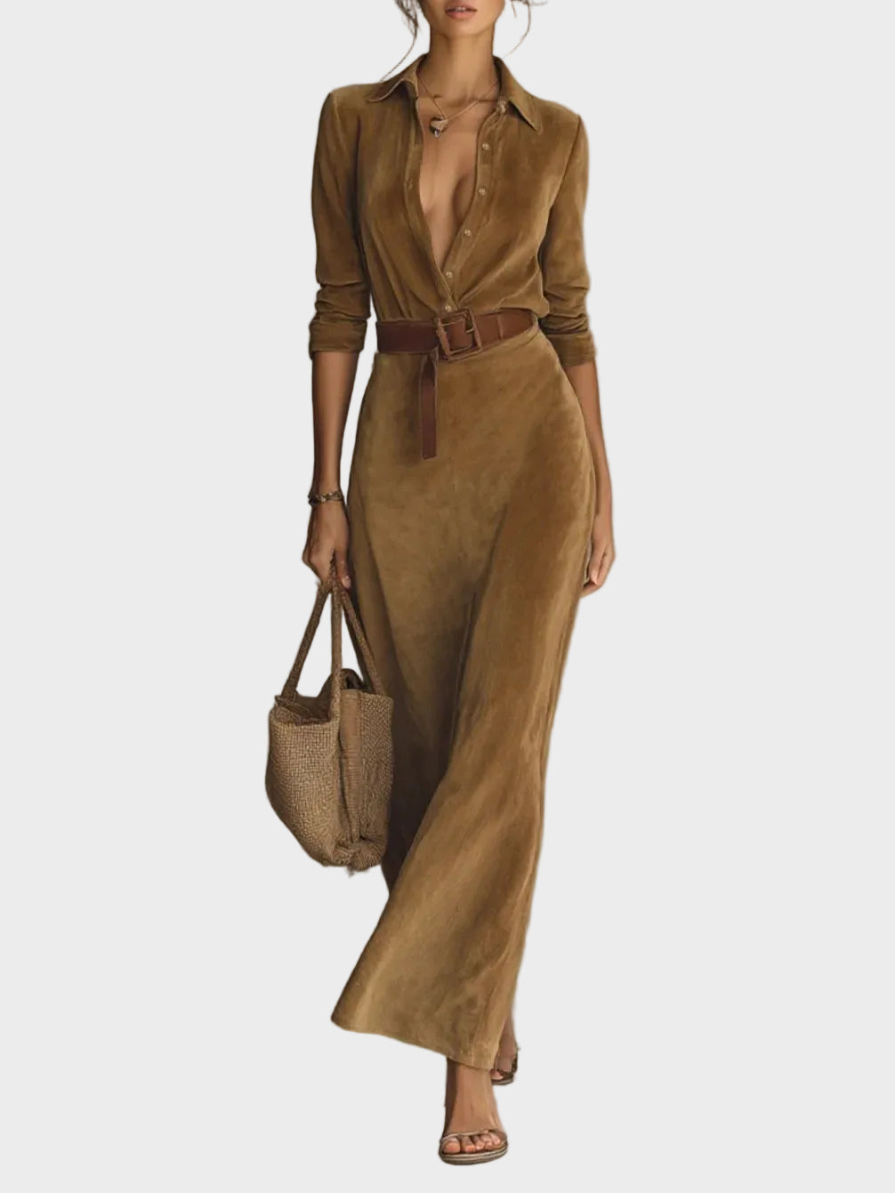 Suede Maxi Dress with Single Closure and Collar Brown, photo studio