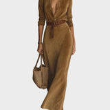 Suede Maxi Dress with Single Closure and Collar