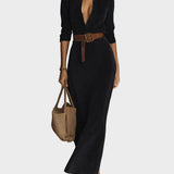 Suede Maxi Dress with Single Closure and Collar