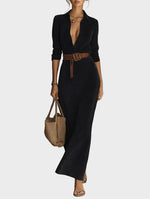 Suede Maxi Dress with Single Closure and Collar