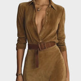 Suede Maxi Dress with Single Closure and Collar
