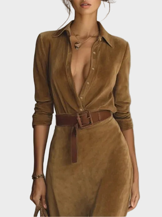 Suede Maxi Dress with Single Closure and Collar