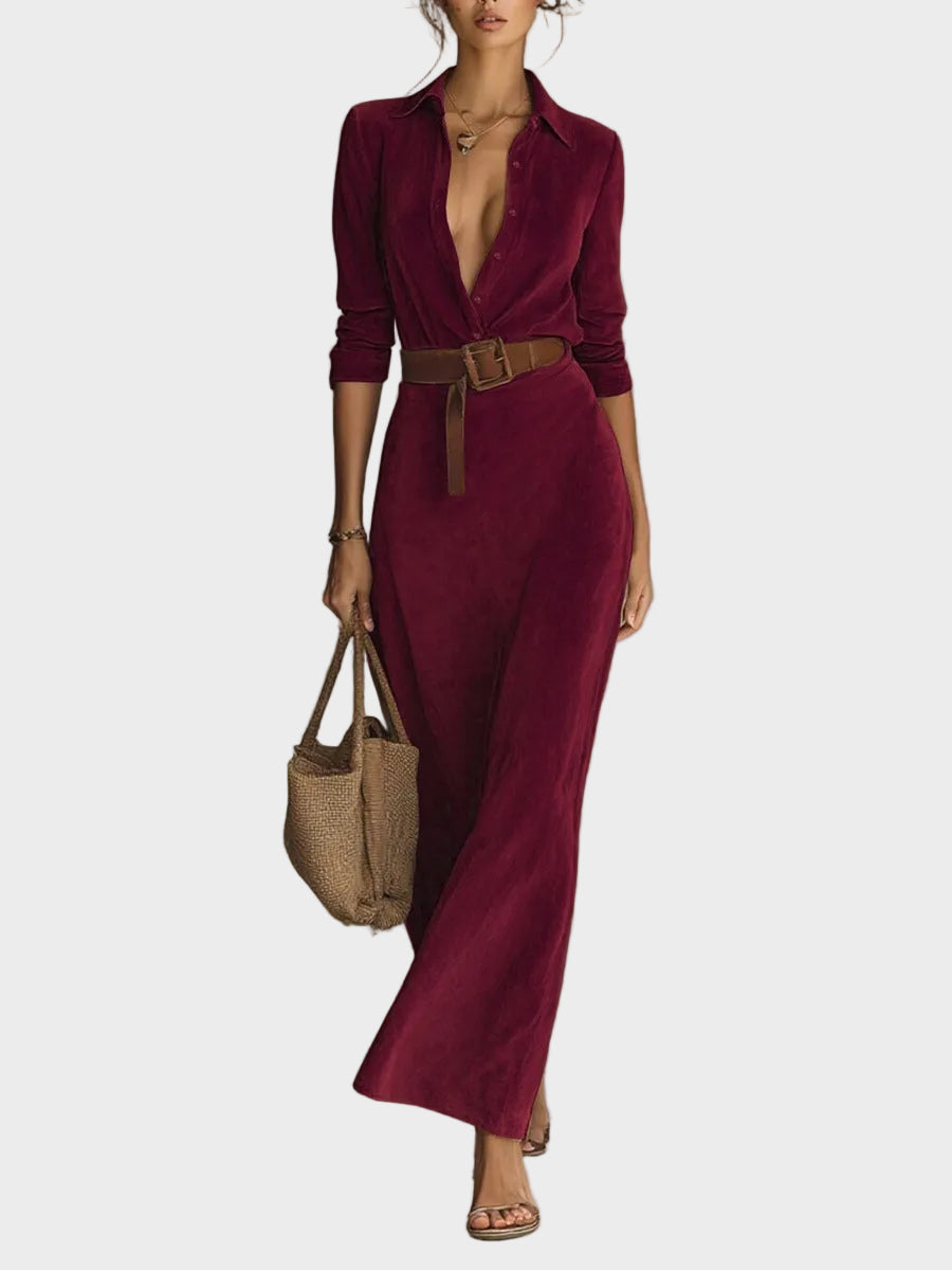 Suede Maxi Dress with Single Closure and Collar Red, photo studio