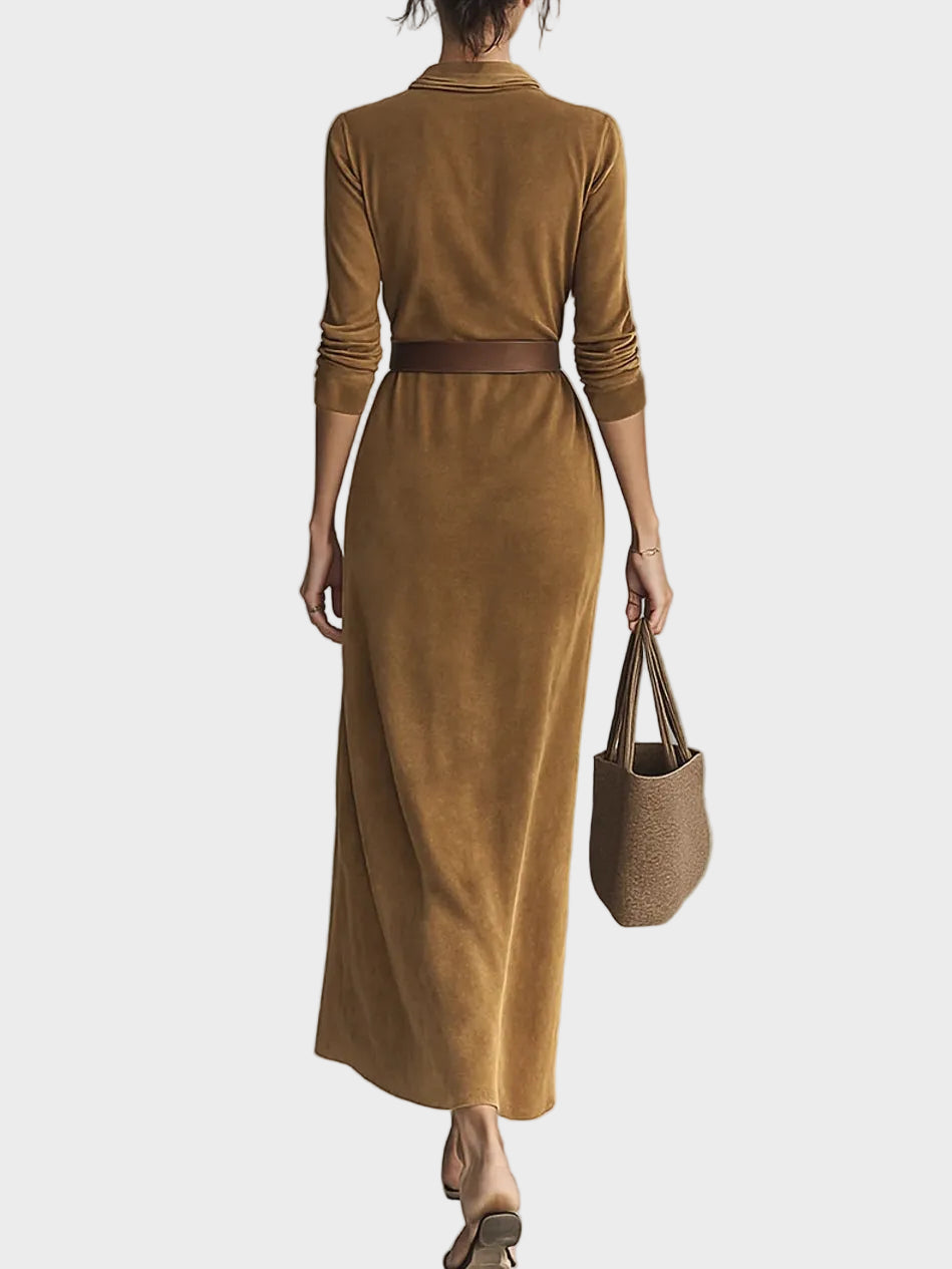 Suede Maxi Dress with Single Closure and Collar