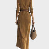 Suede Maxi Dress with Single Closure and Collar
