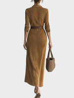 Suede Maxi Dress with Single Closure and Collar