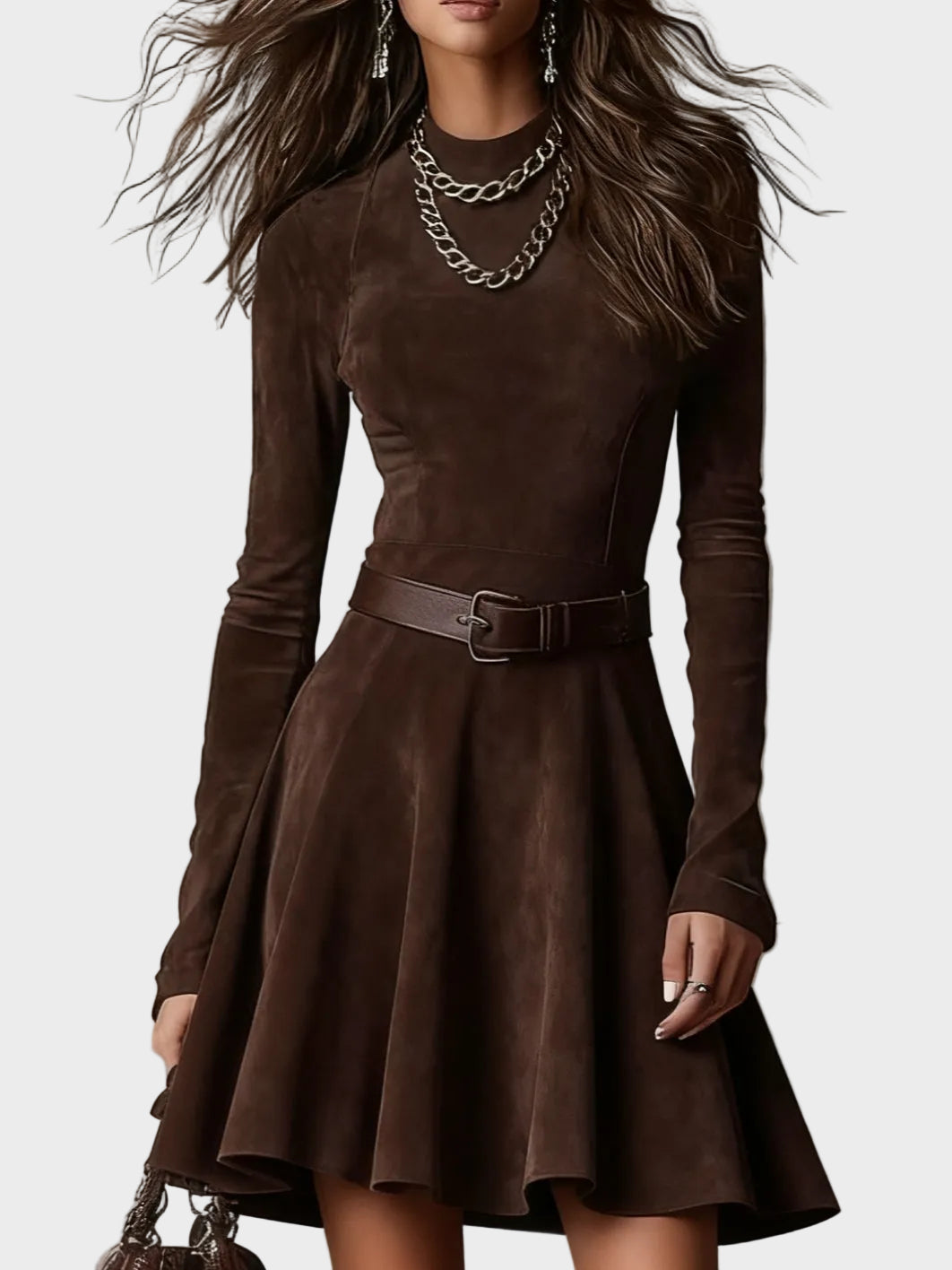 Dark Brown Suede Vintage Turtleneck Dress