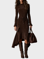 Elegant Dark Brown Suede Tie Midi Dress