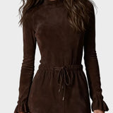 Elegant Dark Brown Suede Tie Midi Dress