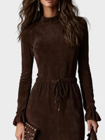 Elegant Dark Brown Suede Tie Midi Dress