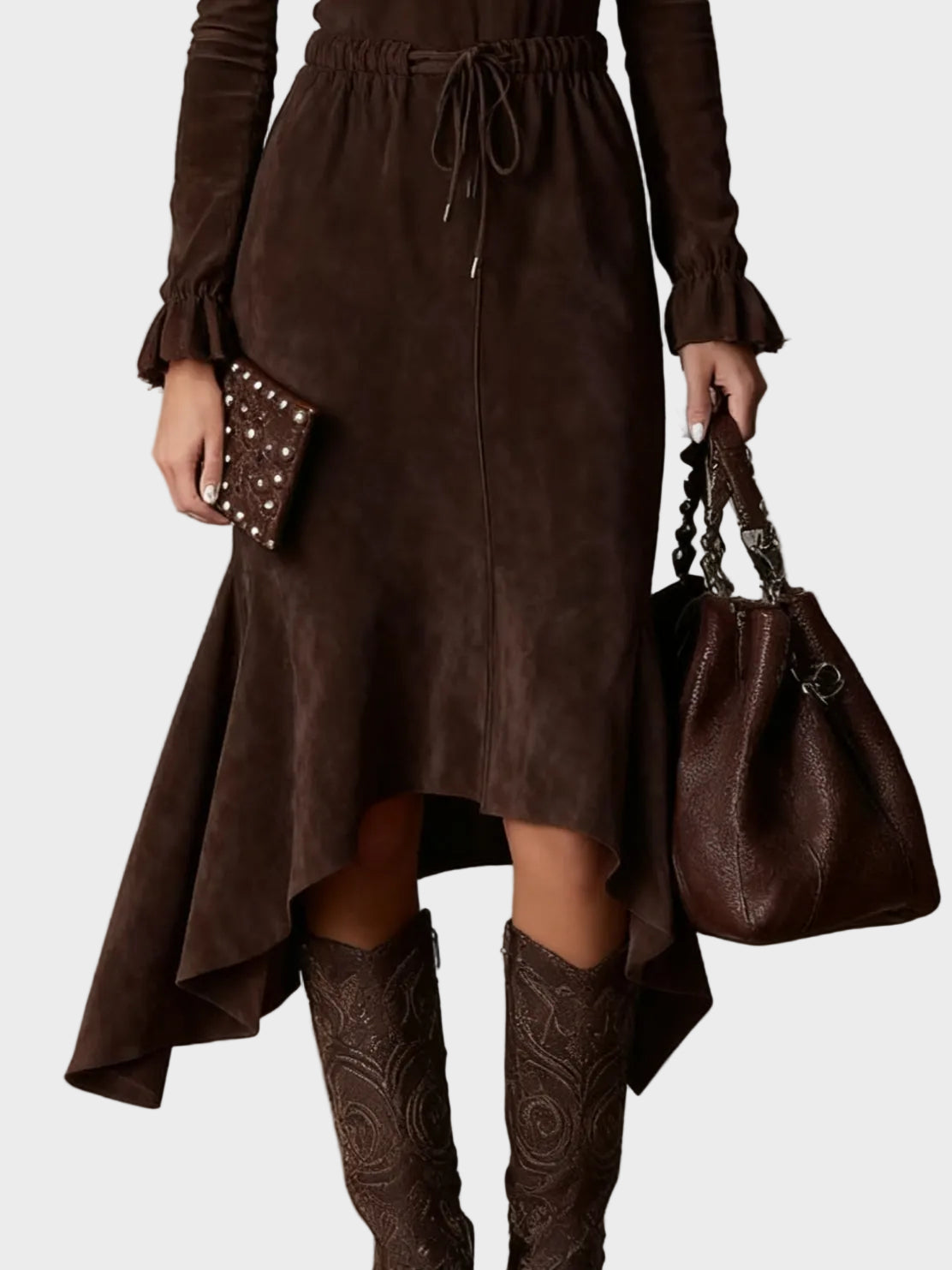 Elegant Dark Brown Suede Tie Midi Dress