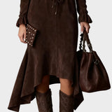 Elegant Dark Brown Suede Tie Midi Dress