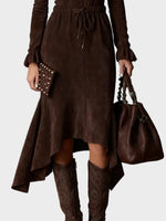 Elegant Dark Brown Suede Tie Midi Dress