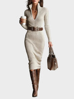 Gabriela | Belted Knit Midi Dress with Funnel Neck