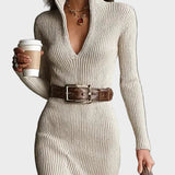 Gabriela | Belted Knit Midi Dress with Funnel Neck