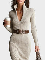 Gabriela | Belted Knit Midi Dress with Funnel Neck