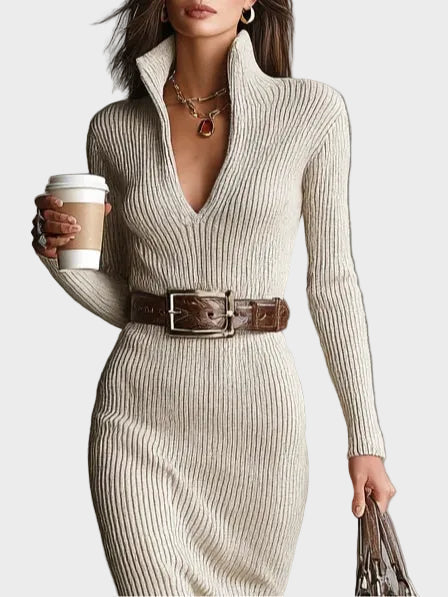 Gabriela | Belted Knit Midi Dress with Funnel Neck